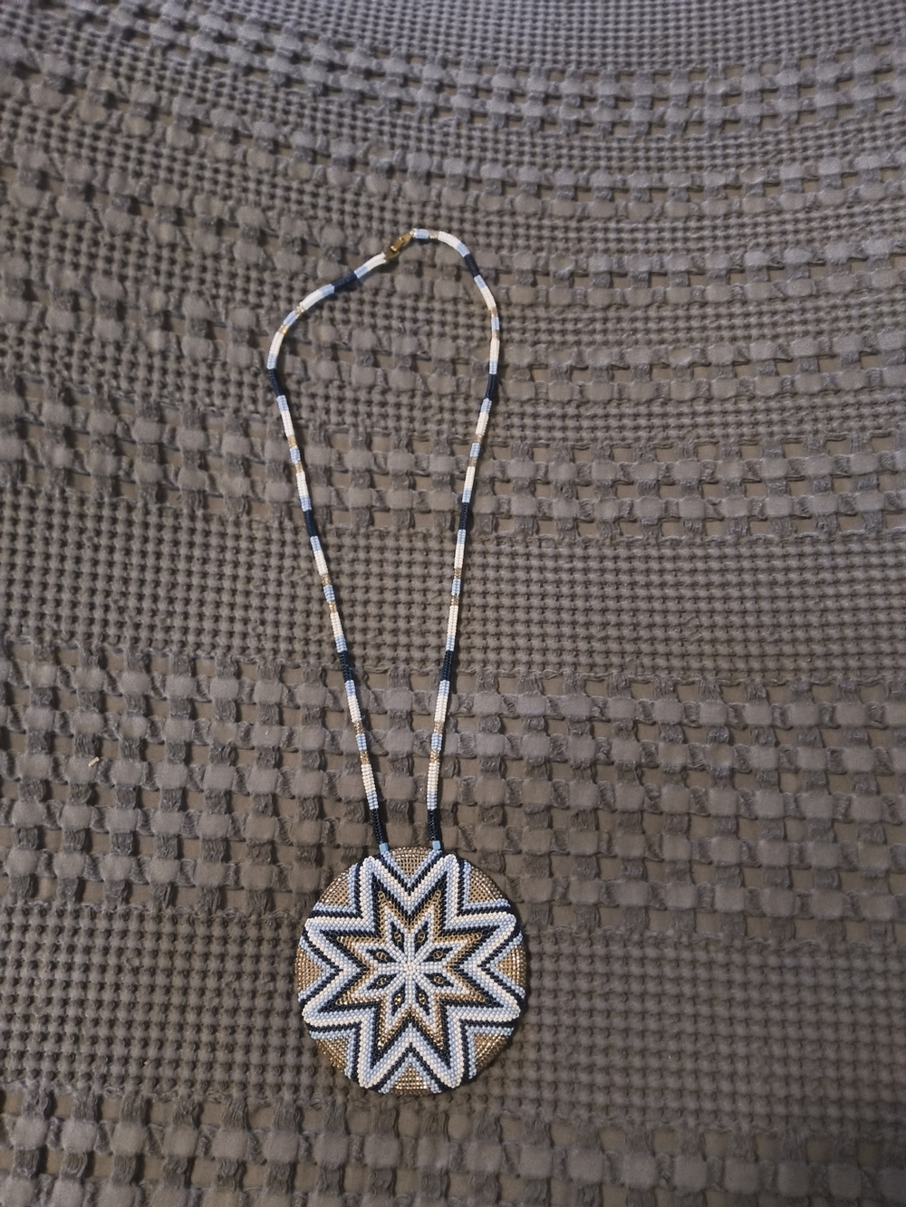 Starburst Beaded Native American Pendant Necklace — Blue, White & Gold